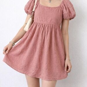 Pink Puff Sleeve Babydoll‎ Dress Embroidered Cottagecore